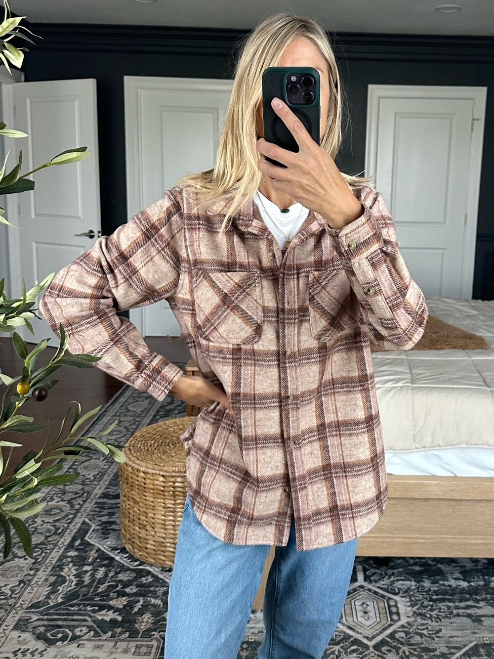 Beach lunch lounge Plaid Button-Up Soft Shacket Jacket in Taupe Plaid S